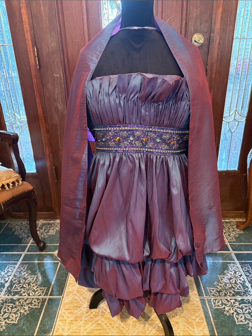 Any Lee Purple Iridescent with Beaded Waist Cocktail or Prom Dress with Shawl